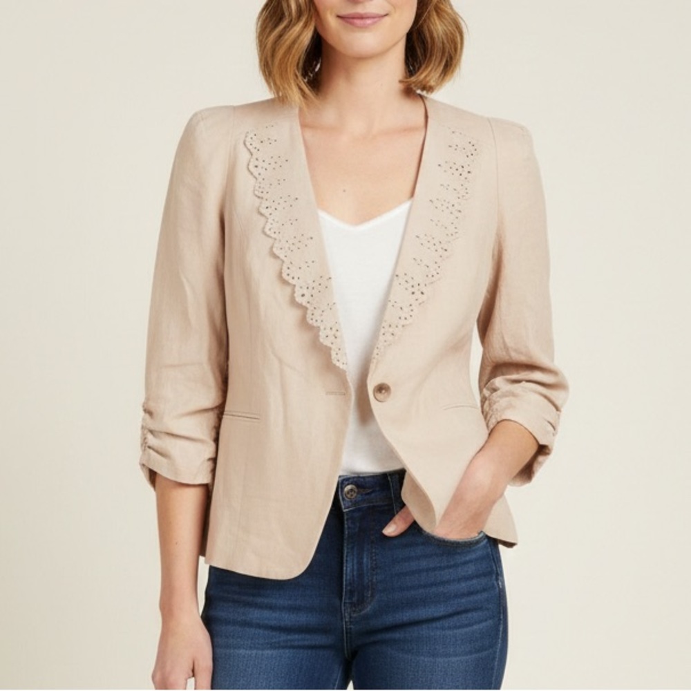 REBECCA‎ TAYLOR KNOCK ME OUT BLAZER 3/4 Sleeve Scalloped Cutout Pink Feminine 10